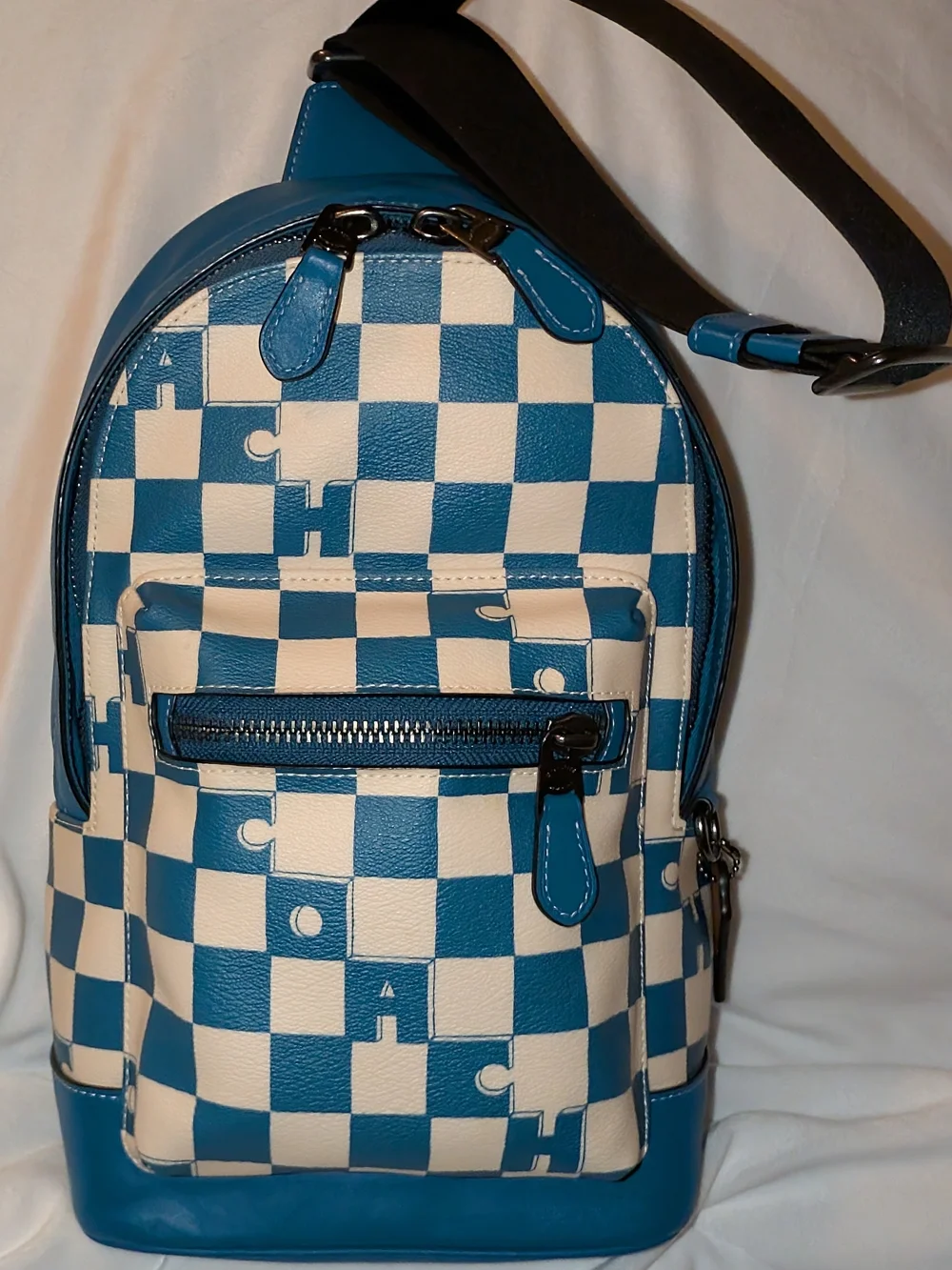 Coach West Pack Checkerboard Canvas Leather Sling Shoulder Bag Blue White EUC